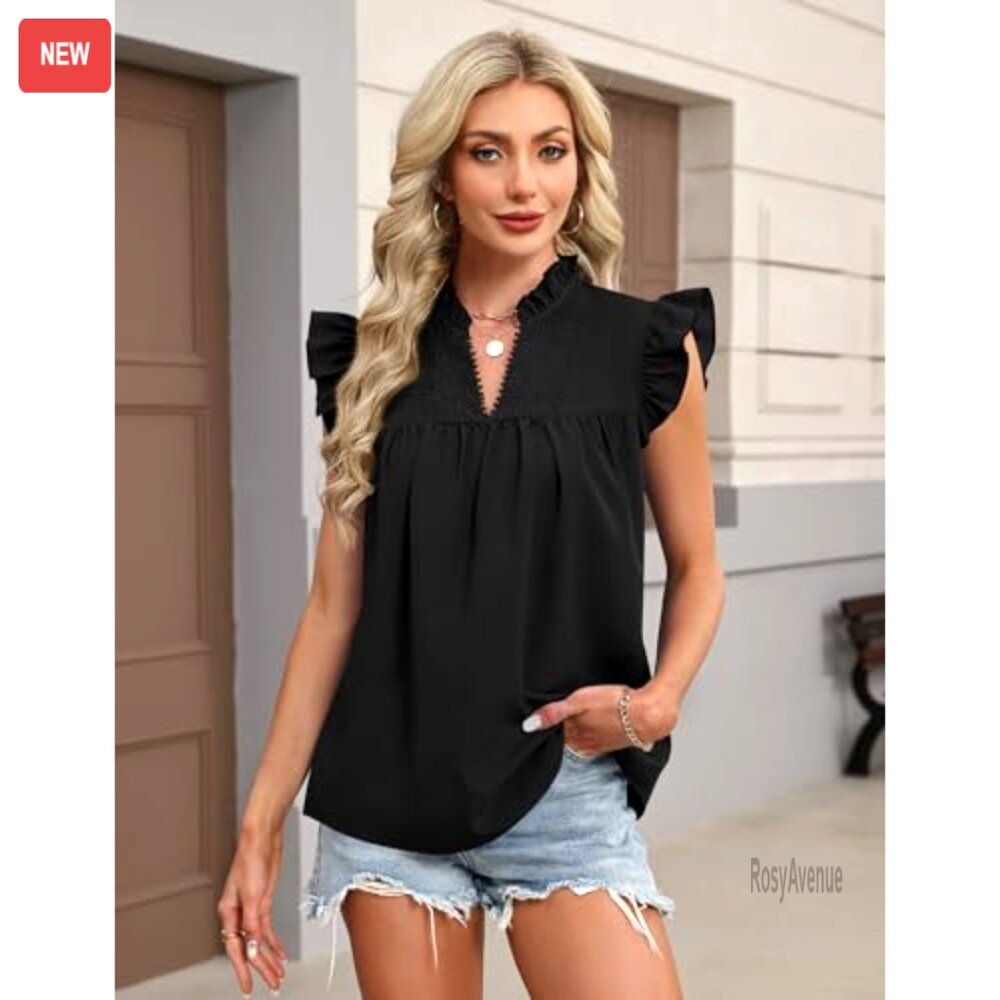 Loose Fit Ruffle Sleeve Lace Embroidered V Neck Blouse Tank Top - Picture 4 of 7
